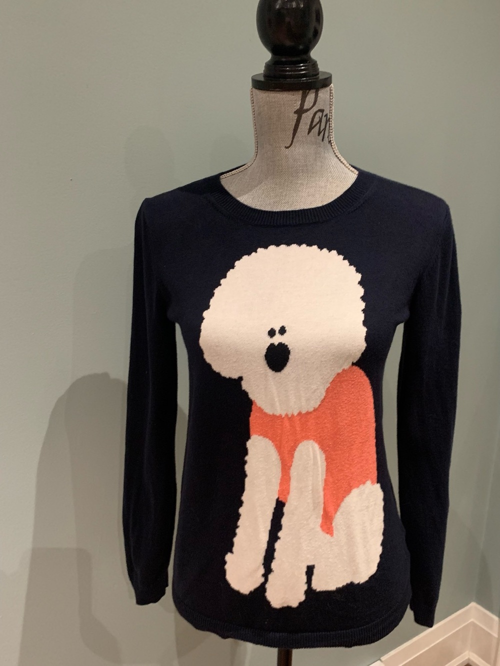 Anthropologie Navy Crewneck Sweater with White & Pink Dog Motif